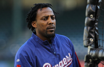 Vladimir Guerrero near the batting cage before a World Series game.