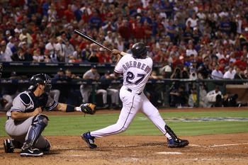 ARLINGTON, TX - OCTOBER 22:  Vladimir Guerrero #27 of the Texas Rangers bats against the New York Yankees in Game Six of the ALCS during the 2010 MLB Playoffs at Rangers Ballpark in Arlington on October 22, 2010 in Arlington, Texas. The Rangers won 6-1. (