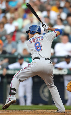 SEATTLE - AUGUST 03:  Jorge Cantu #8 of the Texas Rangers bats against the Seattle Mariners at Safeco Field on August 3, 2010 in Seattle, Washington. (Photo by Otto Greule Jr/Getty Images)