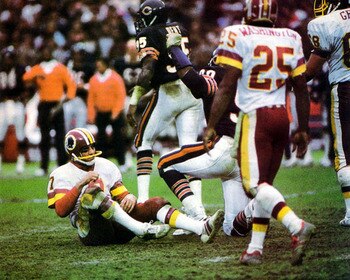 The Bears Defense Celebrates a sack on their way to an upset win over the defending NFC Champion Washington Redskins