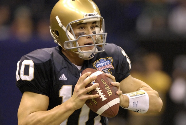 Notre Dame quarterback Brady Quinn against  LSU  in the Allstate Sugar Bowl at the Superdome in New Orleans, Louisiana on January 3, 2007.  LSU won 41 - 14. (Photo by A. Messerschmidt/Getty Images)