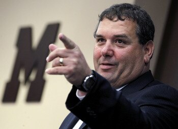 ANN ARBOR, MI - JANUARY 12:  New University of Michigan head football coach Brady Hoke speaks during his introductory press confrence at the Junge Family Champions Center on January 12, 2011 in Ann Arbor, Michigan.  (Photo by Gregory Shamus/Getty Images)