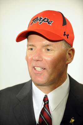 COLLEGE PARK, MD - JANUARY 3:  Randy Edsall speaks as he is introduced as the University of Maryland Terps new head football coach during a press conference on January 3, 2011 at the Byrd Stadium in College Park, Maryland.  (Photo by Mitchell Layton/Getty