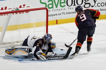 SUNRISE, FL - JANUARY 17: Goaltender Ondrej Pavelec #31 of the Atlanta Thrashers stops the shoot out shot by Stephen Weiss #9 of the Florida Panthers on January 17, 2011 at the BankAtlantic Center in Sunrise, Florida. The Thrashers defeated the Panthers 3