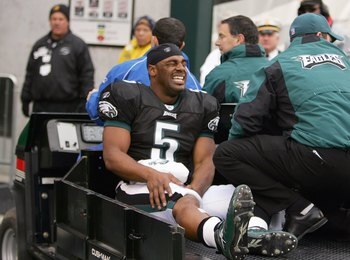 PHILADELPHIA - NOVEMBER 19: Donovan McNabb #5 of the Philadelphia Eagles is carted off the field after injuring his right knee in the second quarter against the Tennessee Titans on November 19, 2006 at Lincoln Financial Field in Philadelphia, Pennsylvania