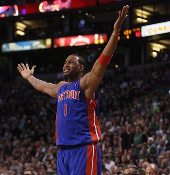 BOSTON, MA - JANUARY 19:  Tracy McGrady #1 of the Detroit Pistons reacts after he misses a shot and no foul was called against the Boston Celtics during the final minutes of the game on January 19, 2011 at the TD Garden in Boston, Massachusetts. The Celti