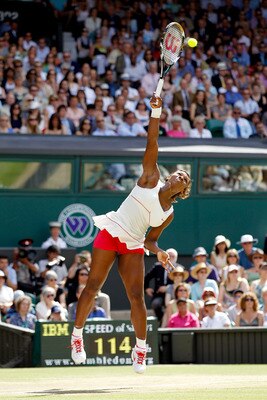 LONDON, ENGLAND - JULY 03:  Serena Williams of USA serves during the Ladies Singles Final Match against Vera Zvonareva of Russia on Day Twelve of the Wimbledon Lawn Tennis Championships at the All England Lawn Tennis and Croquet Club on July 3, 2010 in Lo