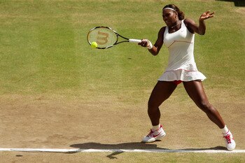 LONDON, ENGLAND - JULY 03:  Serena Williams of USA plays a shot during the Ladies Singles Final Match against Vera Zvonareva of Russia on Day Twelve of the Wimbledon Lawn Tennis Championships at the All England Lawn Tennis and Croquet Club on July 3, 2010
