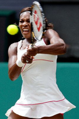 LONDON, ENGLAND - JULY 03:  Serena Williams of USA plays a shot during the Ladies Singles Final Match against Vera Zvonareva of Russia on Day Twelve of the Wimbledon Lawn Tennis Championships at the All England Lawn Tennis and Croquet Club on July 3, 2010