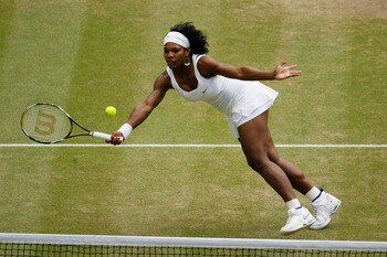 LONDON - JULY 05:  Serena Williams of United States plays a forehand volley during the women's singles Final match against Venus Williams of United States on day twelve of the Wimbledon Lawn Tennis Championships at the All England Lawn Tennis and Croquet