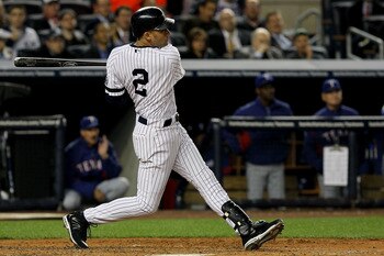 NEW YORK - OCTOBER 19:  Derek Jeter #2 of the New York Yankees hits a triple in the third inning against the Texas Rangers in Game Four of the ALCS during the 2010 MLB Playoffs at Yankee Stadium on October 19, 2010 in the Bronx borough of New York City.