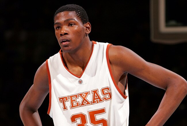 SPOKANE, WA - MARCH 16:  Kevin Durant #35 of the Texas Longhorns looks on during a break in game action against the New Mexico State Aggies during the first round of the NCAA Men's Basketball Tournament at Spokane Memorial Arena on March 16, 2007 in Spoka