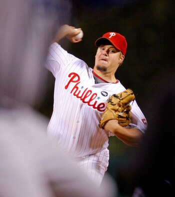 PHILADELPHIA - OCTOBER 19:  Starting pitcher Joe Blanton #56 of the Philadelphia Phillies throws a pitch against the Los Angeles Dodgers in Game Four of the NLCS during the 2009 MLB Playoffs at Citizens Bank Park on October 19, 2009 in Philadelphia, Penns