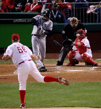 PHILADELPHIA - OCTOBER 26:  Andy Sonnanstine #21 of the Tampa Bay Rays hits a single against Joe Blanton #56 of the Philadelphia Phillies during game four of the 2008 MLB World Series on October 26, 2008 at Citizens Bank Park in Philadelphia, Pennsylvania