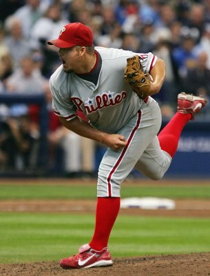 MILWAUKEE - OCTOBER 05: Joe Blanton #56 of the Philadelphia Phillies pitches against the Milwaukee Brewers in game four of the NLDS during the 2008 MLB playoffs at Miller Park on October 5, 2008 in Milwaukee, Wisconsin. The Phillies won the game 6-2 to wi
