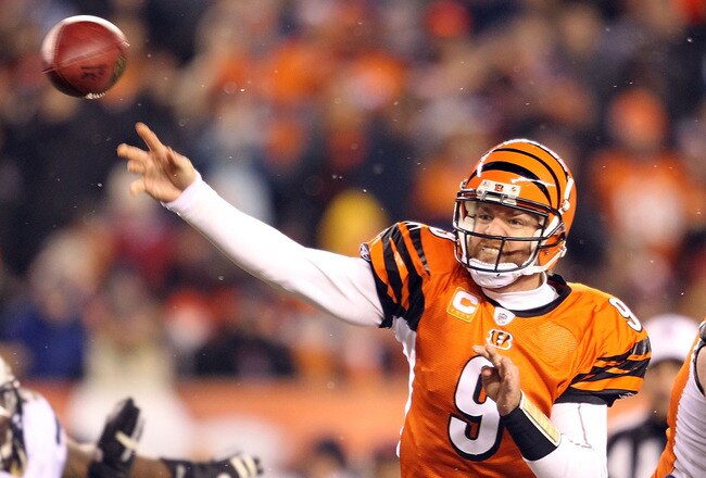 CINCINNATI - DECEMBER 26:  Carson Palmer #9 of the Cincinnati Bengals throws a pass during the NFL game against the San Diego Chargers at Paul Brown Stadium on December 26, 2010 in Cincinnati, Ohio. The Bengals 34-20.  (Photo by Andy Lyons/Getty Images)