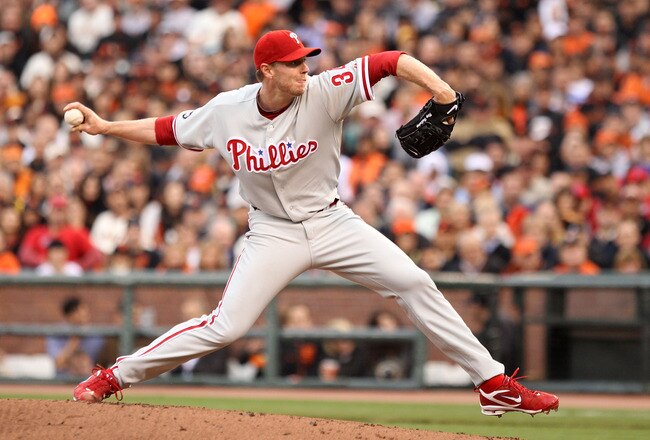 SAN FRANCISCO - OCTOBER 21:  Roy Halladay #34 of the Philadelphia Phillies throws a pitch against the San Francisco Giants in Game Five of the NLCS during the 2010 MLB Playoffs at AT&T Park on October 21, 2010 in San Francisco, California.  (Photo by Ezra