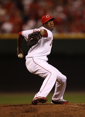 CINCINNATI - OCTOBER 10: Aroldis Chapman #54 of the Cincinnati Reds pitches in the 9th inning against the Philadelphia Phillies during game 3 of the NLDS at Great American Ball Park on October 10, 2010 in Cincinnati, Ohio. The Phillies defeated the Reds 2