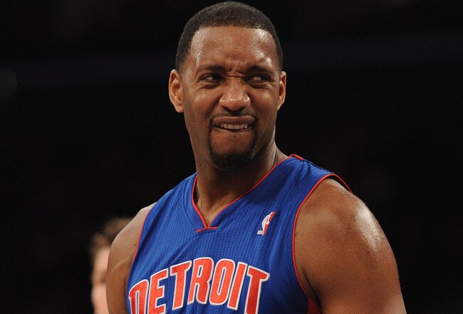 LOS ANGELES, CA - JANUARY 04:  Tracy McGrady #1 of the Detroit Pistons grimaces after a foul against the Los Angeles Lakers at the Staples Center on January 4, 2011 in Los Angeles, California. NOTE TO USER: User expressly acknowledges and agrees that, by