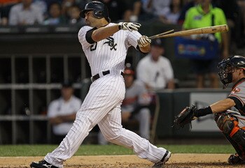 CHICAGO - AUGUST 25: Carlos Quentin #20 of the Chicago White Sox breaks his bat while hitting the ball against the Baltimore Orioles at U.S. Cellular Field on August 25, 2010 in Chicago, Illinois. The Orioles defeated the White Sox 4-2. (Photo by Jonathan
