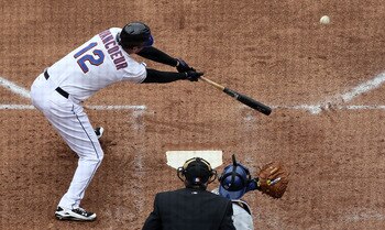 NEW YORK - APRIL 28:  Jeff Francoeur #12 of the New York Mets connects for a third inning RBI double against the Los Angeles Dodgers on April 28, 2010 at Citi Field in the Flushing neighborhood of the Queens borough of New York City.  (Photo by Jim McIsaa