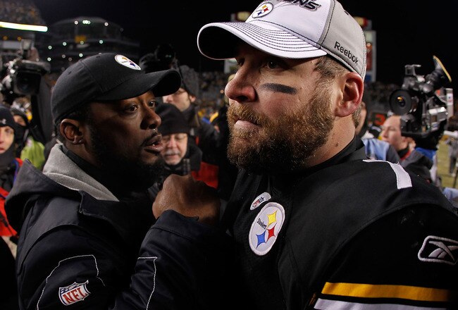 PITTSBURGH, PA - JANUARY 23:  Ben Roethlisberger #7 and head coach Mike Tomlin of the Pittsburgh Steelers celebrate their 24 to 19 win over the New York Jets in the 2011 AFC Championship game at Heinz Field on January 23, 2011 in Pittsburgh, Pennsylvania.