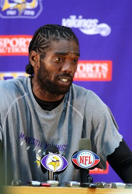 EDEN PRAIRIE, MN - OCTOBER 7:  Minnesota Vikings wide receiver Randy Moss answers questions from the media during a press conference at Winter Park on October 7, 2010 in Eden Prairie, Minnesota.  (Photo by Adam Bettcher/Getty Images)