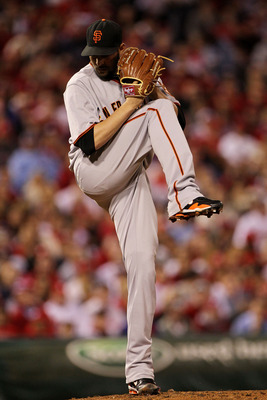 PHILADELPHIA - OCTOBER 23:  Jonathan Sanchez #57 of the San Francisco Giants pitches against the Philadelphia Phillies in Game Six of the NLCS during the 2010 MLB Playoffs at Citizens Bank Park on October 23, 2010 in Philadelphia, Pennsylvania.  (Photo by