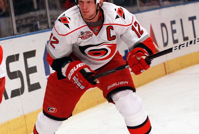 NEW YORK, NY - JANUARY 05:  Eric Staal #12 of the Carolina Hurricanes skates against the New York Rangers at Madison Square Garden on January 5, 2011 in New York City. The Rangers defeated the Hurricanes 2-1 in overtime.  (Photo by Bruce Bennett/Getty Ima