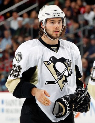 NEWARK, NJ - JANUARY 20:  Kris Letang #58 of the Pittsburgh Penguins waits for a faceoff in an NHL hockey game against the New Jersey Devils at the Prudential Center on January 20, 2011 in Newark, New Jersey.  (Photo by Paul Bereswill/Getty Images)