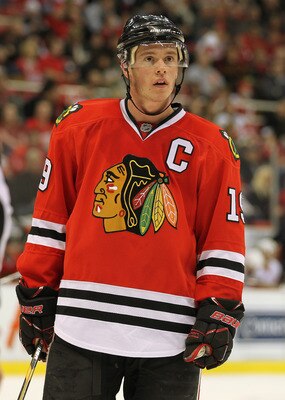 DETROIT, MI - JANUARY 22:  Jonathan Toews #19 of the Chicago Black Hawks waits for a faceoff in a game against the Detroit Red Wings on January 22, 2011 at the Joe Louis Arena in Detroit, Michigan. The Hawks defeated the Wings 4-1. (Photo by Claus Anderse