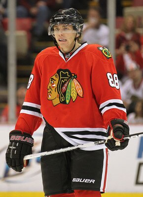 DETROIT, MI - JANUARY 22:  Patrick Kane #88 of the Chicago Black Hawks waits for a faceoff in a game against the Detroit Red Wings on January 22, 2011 at the Joe Louis Arena in Detroit, Michigan. The Hawks defeated the Wings 4-1. (Photo by Claus Andersen/