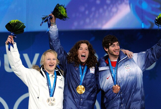 VANCOUVER, BC - FEBRUARY 18:  (L-R) Peetu Piiroinen of Finland celebrates winning the Silver, Shaun White of United States Gold, and Scott Lago of United States Bronze during the medal ceremony for the Men�s Halfpipe on day 7 of the Vancouver 2010 Winter
