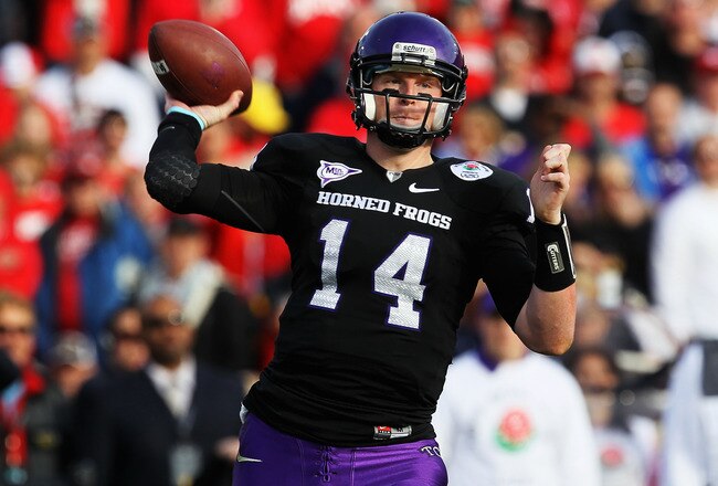 PASADENA, CA - JANUARY 01:  Quarterback Andy Dalton #14 of the TCU Horned Frogs looks to pass against the Wisconsin Badgers during the 97th Rose Bowl game on January 1, 2011 in Pasadena, California.  (Photo by Stephen Dunn/Getty Images)