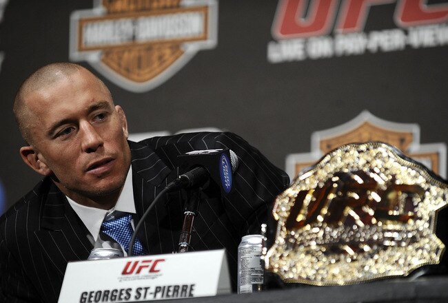 NEW YORK - MARCH 24:  Georges St-Pierre of Montreal, Quebec, Canada speaks at a press conference for UFC 111 at Radio City Music Hall on March 24, 2010 in New York City.  St-Pierre will face Dan Hardy of Nottingham UK in the Welterweight title bout.  (Pho