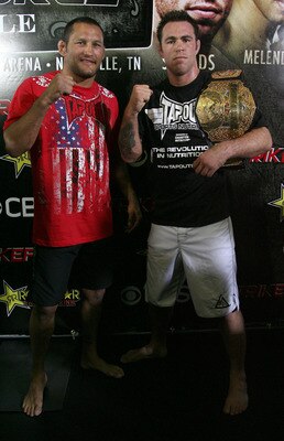 HOLLYWOOD - MARCH 17:  Legendary MMA Superstar and two time Olympic Wrestler Dan Henderson (L) and Strikeforce World Middleweight Champion Jake Shields (R)  attend the CBS' Strikeforce MMA Fighters Open Media Workout on March 17, 2010 in Hollywood, Califo