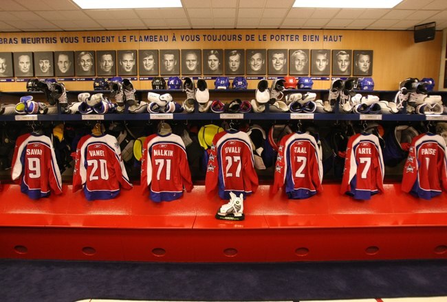 MONTREAL - JANUARY 24:  The jerseys of Eastern Conference All-Stars are shown in the locker room during the McDonalds/NHL All-Star open practice as part of the 2009 NHL All-Star weekend on January 24, 2009 at the Bell Centre in Montreal, Canada. (Photo by