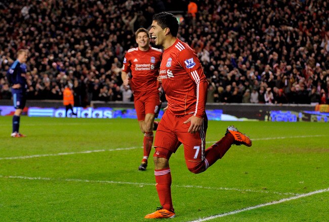 LIVERPOOL, ENGLAND - FEBRUARY 02: Luis Suarez of Liverpool celebrates after scoring the 2-0 goal during the Barclays Premier League match between Liverpool and Stoke City at Anfield on February 2, 2011 in Liverpool, England. (Photo by Michael Regan/Getty 