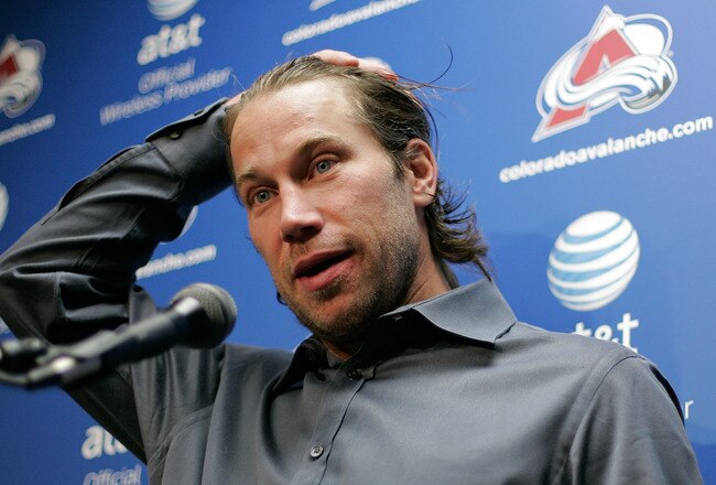 DENVER, CO - JANUARY 22:  Peter Forsberg addresses the media following a practice session with the Colorado Avalanche at Pepsi Center on January 22, 2011 in Denver, Colorado. The 37 year old star center ran drills with forward Ryan O'Reilly for approximat