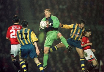 11 Mar 1996:  Peter Schmeichel collects the ball for Man Utd during the Manchester United v Southampton FA Cup Quarter Final Match at Old Trafford, Manchester. Mandatory Credit: Clive Brunskill/ALLSPORT