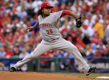 PHILADELPHIA - OCTOBER 06:  Edinson Volquez #36 of the Cincinnati Reds delivers in Game 1 of the NLDS against the Philadelphia Phillies at Citizens Bank Park on October 6, 2010 in Philadelphia, Pennsylvania.  (Photo by Chris Trotman/Getty Images)