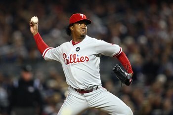 NEW YORK - OCTOBER 29:  Starting pitcher Pedro Martinez #45 of the Philadelphia Phillies pitches against the New York Yankees in Game Two of the 2009 MLB World Series against at Yankee Stadium on October 29, 2009 in the Bronx borough of New York City.  (P
