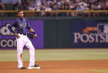 ST PETERSBURG, FL - OCTOBER 12:  BJ Upton #2 of the Tampa Bay Rays waits on second base during Game 5 of the ALDS against the Texas Rangers at Tropicana Field on October 12, 2010 in St. Petersburg, Florida.  (Photo by Mike Ehrmann/Getty Images)