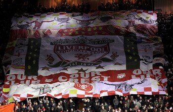 LIVERPOOL, ENGLAND - JANUARY 26:  Liverpool fans display a giant banner on the Kop prior to the Barclays Premier League match between Liverpool and Fulham at Anfield on January 26, 2011 in Liverpool, England. (Photo by Alex Livesey/Getty Images)