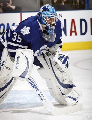 TORONTO, CANADA - JANUARY 22:  Jean-Sebastien Giguere #35 of the Toronto Maple Leafs guards the net during game action at the Air Canada Centre against the Washington Capitals January 22, 2011 in Toronto, Ontario, Canada. (Photo by Abelimages/Getty Images
