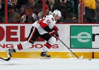 PHILADELPHIA, PA - JANUARY 20:  Sergei Gonchar #55 of the Ottawa Senators skates against the Philadelphia Flyers on January 20, 2011 at Wells Fargo Center in Philadelphia, Pennsylvania.  (Photo by Jim McIsaac/Getty Images)