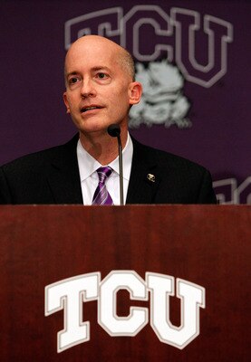 DALLAS - NOVEMBER 29:  Texas Christian University Chancellor Dr. Victor J. Boschini, Jr. talks with the media after Texas Christian University accepted an invitation for full membership into The Big East Conference on November 29, 2010 in Fort Worth, Texa