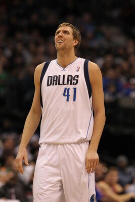 DALLAS, TX - JANUARY 25:  Forward Dirk Nowitzki #41 of the Dallas Mavericks holds his eye after being hit during play against the Los Angeles Clippers at American Airlines Center on January 25, 2011 in Dallas, Texas.  NOTE TO USER: User expressly acknowle