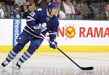 TORONTO, CANADA - JANUARY 22:  Tomas Kaberle #15 of the Toronto Maple Leafs skates up the ice during game action at the Air Canada Centre against the Washington Capitals January 22, 2011 in Toronto, Ontario, Canada. (Photo by Abelimages/Getty Images)