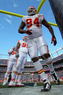 DENVER - NOVEMBER 14:  Defensive end Tyson Jackson #94 of the Kansas City Chiefs warms up prior to facing the Denver Bronco at INVESCO Field at Mile High on November 14, 2010 in Denver, Colorado. The Broncos defeated the Chiefs 49-29.  (Photo by Doug Pens